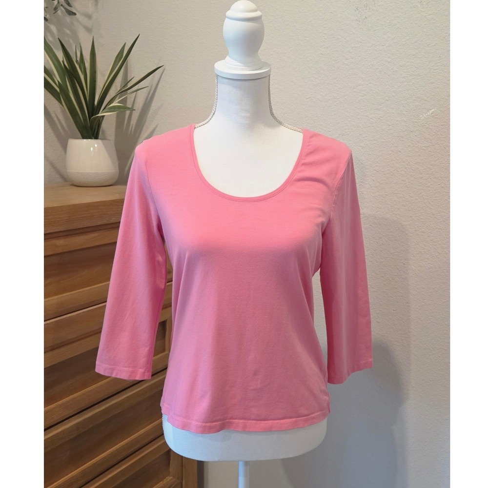 Folio New York‎ Pima Cotton  Scoop Neck Tee 3/4 Sleeve Pink Stretch Top Medium